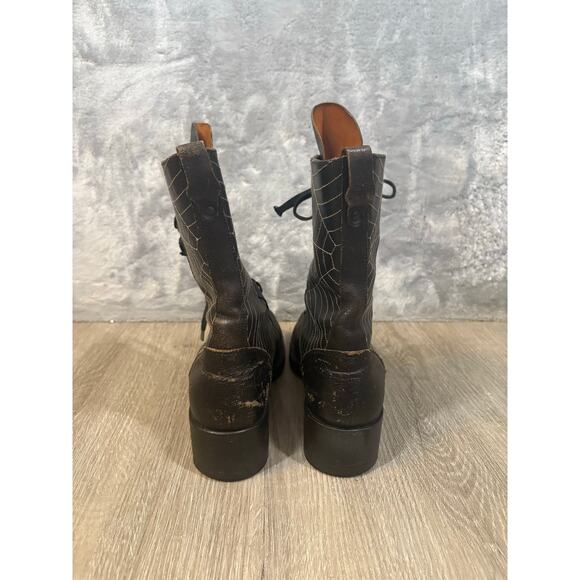 Vintage Black Leather Boots Embroidered Spider Webs 9 Combat Granny Goth Y2K - Picture 4 of 7